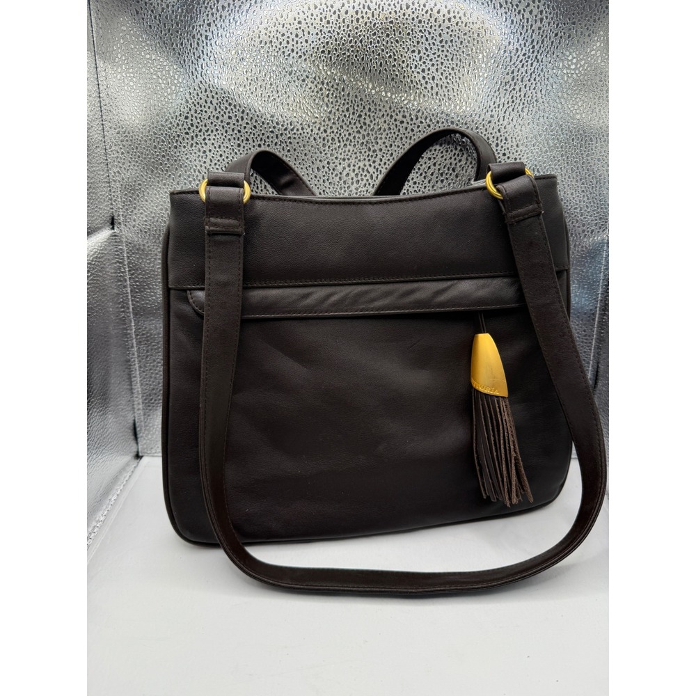 VITTORIA Brown Genuine Leather Shoulder Bag Tassel Accent Gold Tone Hardware
